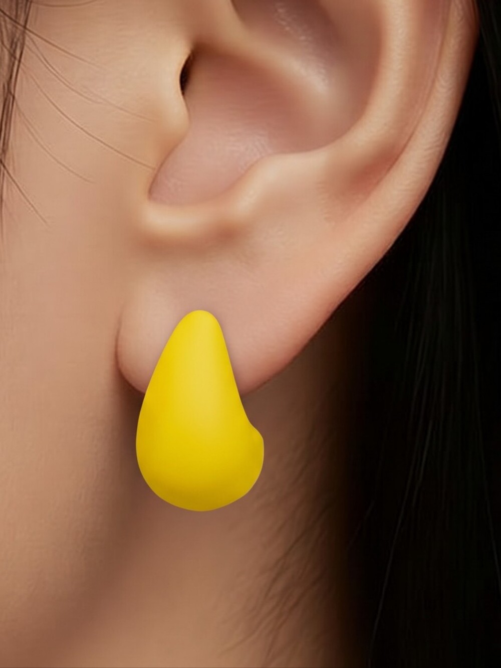 Matte Lemon Yellow Teardrop Dome Earrings Chunky Minimalist Studs Dopamine Pop